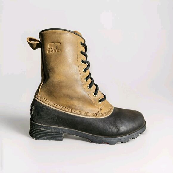 SOREL EMELIE 1964 BOOTS LEATHER NUBUCK WATERPROOF BLACK & ELK BROWN SIZE 7.5 - Picture 1 of 7